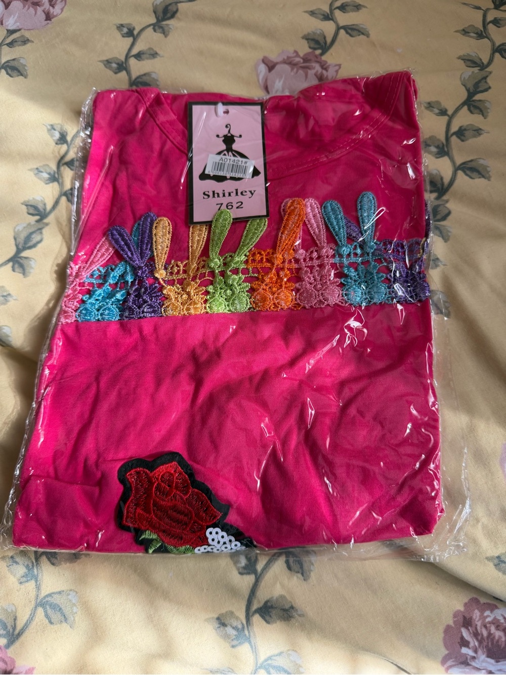 Girls' Hot Pink Short Sleeve Tee with Rainbow Lace Detail